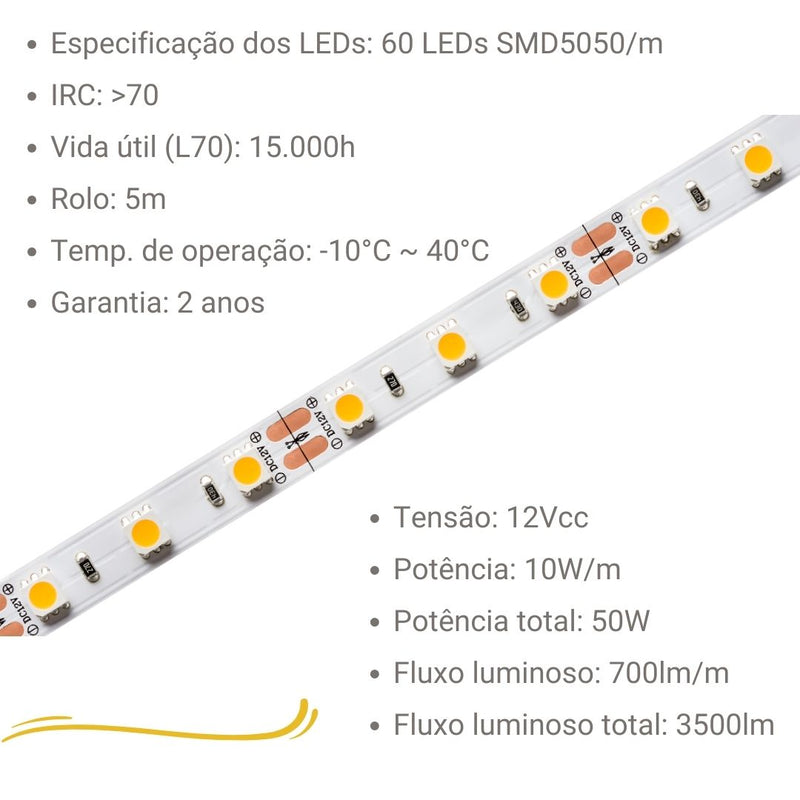 Fita de LED Eco 10w/m IP20 12v 5m 6500K
