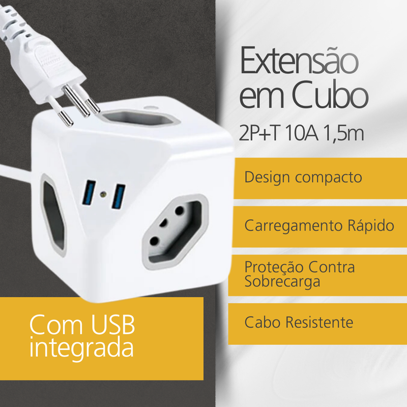 Extensão Cubo 2P+T 10A 1,5m com USB