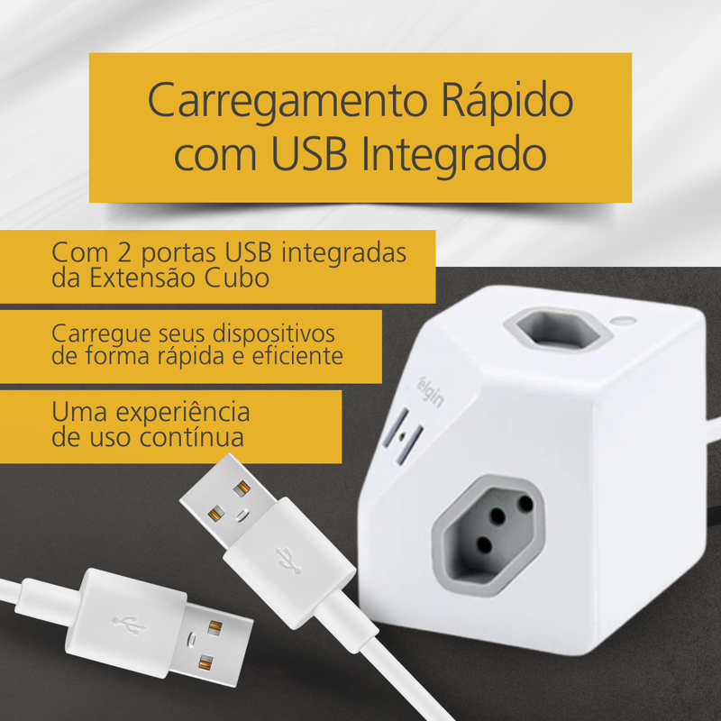 Extensão Cubo 2P+T 10A 1,5m com USB