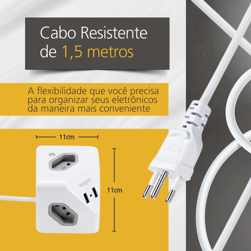 Extensão Cubo 2P+T 10A 1,5m com USB