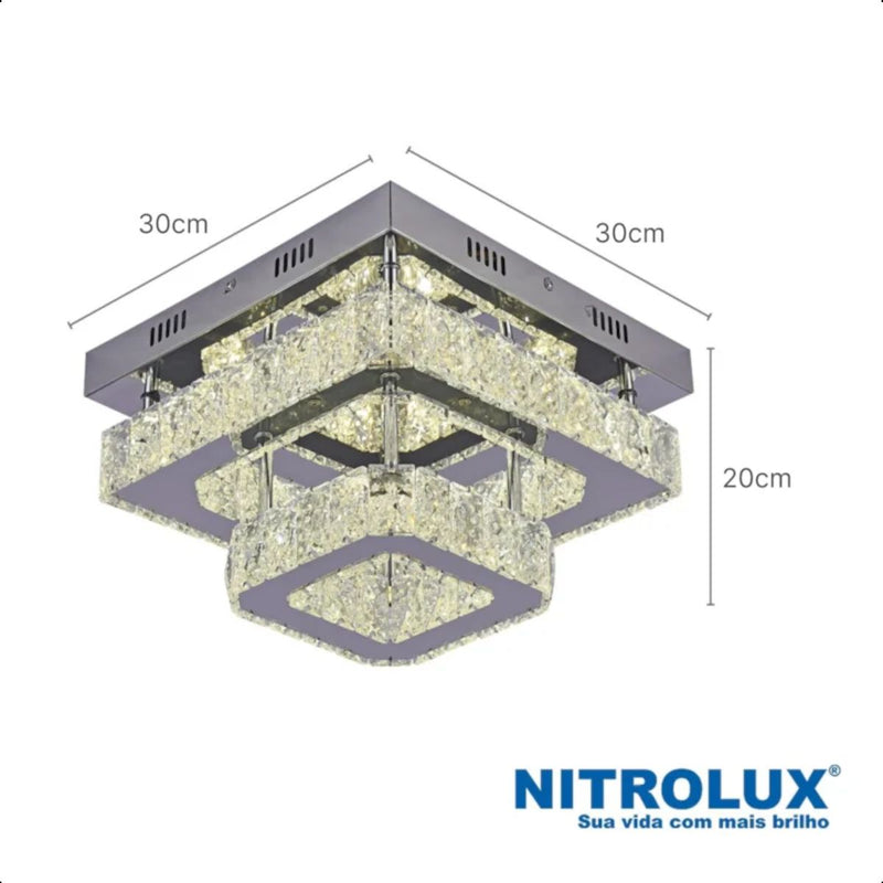 Lustre Plafon LED Cristal Quadrado Duplo Inox 36W 3em1