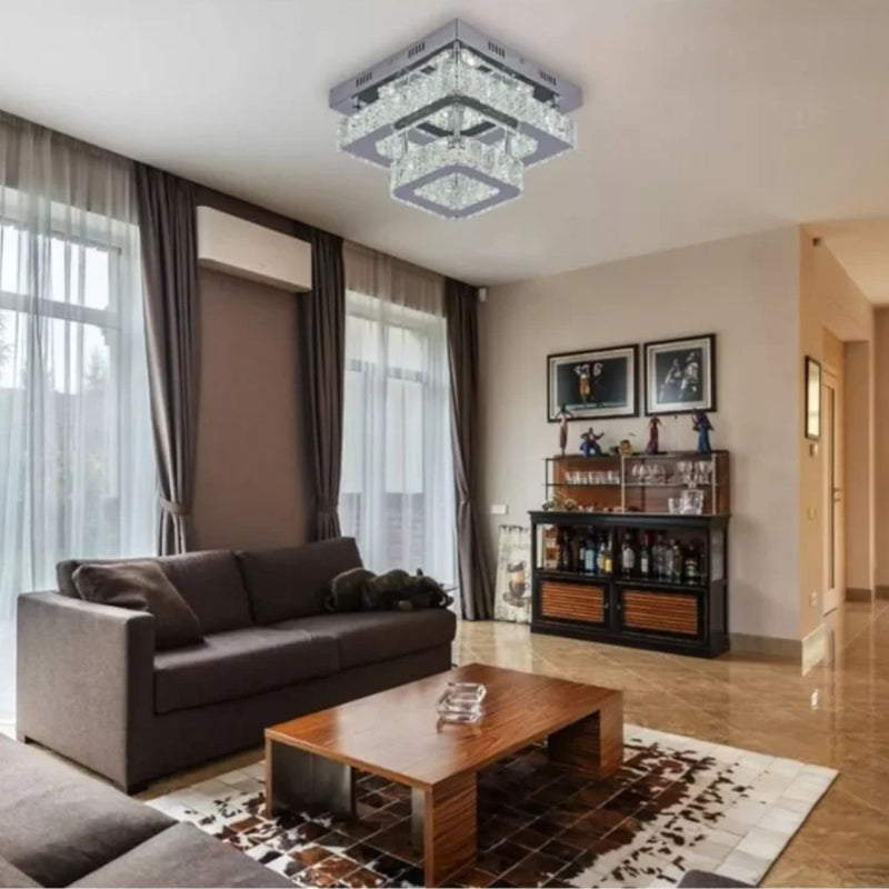Lustre Plafon LED Cristal Quadrado Duplo Inox 36W 3em1