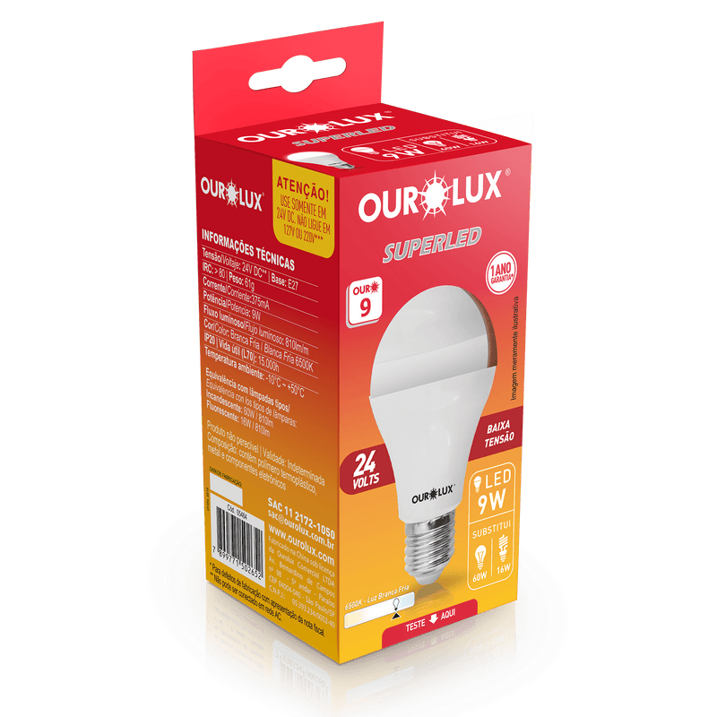 Lâmpada LED Bulbo A60 9W 24V E27 6500K